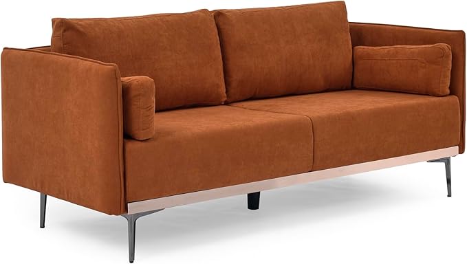 Modern Linen Upholstered 3-Seat Sofa Couch with Stainless Steel Trim and Metal Legs for Living Room, 2 Pillows Included, 72.83", Orange-119 - LeafyLoom