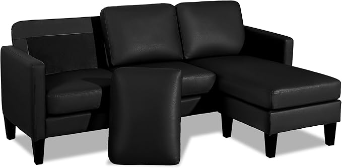 L-Shaped Sectional Modern Sofa - Leather Convertible Sofa Sleeper Sofa Bed Couch Set with Reversible Chaise, Lounge Sofa for Living Room Apartment Small Space (Leather Black) - LeafyLoom