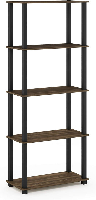 Furinno Turn-N-Tube 5-Tier Multipurpose Shelf / Display Rack / Storage Shelf / Bookshelf, Square Tubes, Columbia Walnut/Black - LeafyLoom
