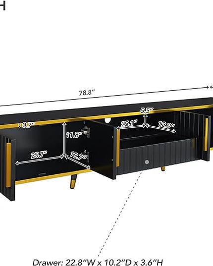 TV Stand with Open Storage Shelf and 2 Cabinets, 79" Luxury Minimalism Television Stands with Drawers and Unique Legs, TV Console Cabinet for for Living Room, Easy Assembly, Gold+Black - LeafyLoom