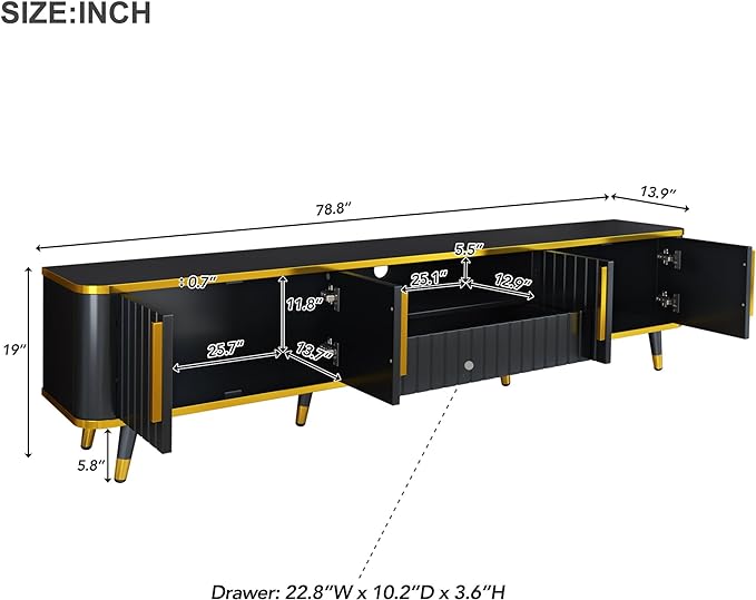 TV Stand with Open Storage Shelf and 2 Cabinets, 79" Luxury Minimalism Television Stands with Drawers and Unique Legs, TV Console Cabinet for for Living Room, Easy Assembly, Gold+Black - LeafyLoom