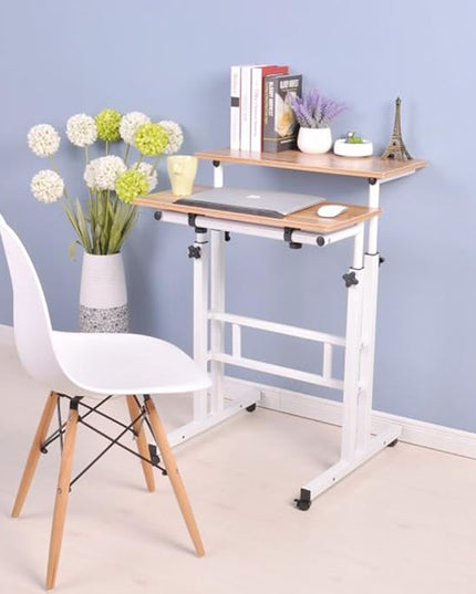 soges Mobile Standing DeskAdjustable Height, Roling Sit-Stand Desk, Small Standing Computer Desk Workstation on Wheels, Sit Stand Up Desk for Home Office, Oak - LeafyLoom