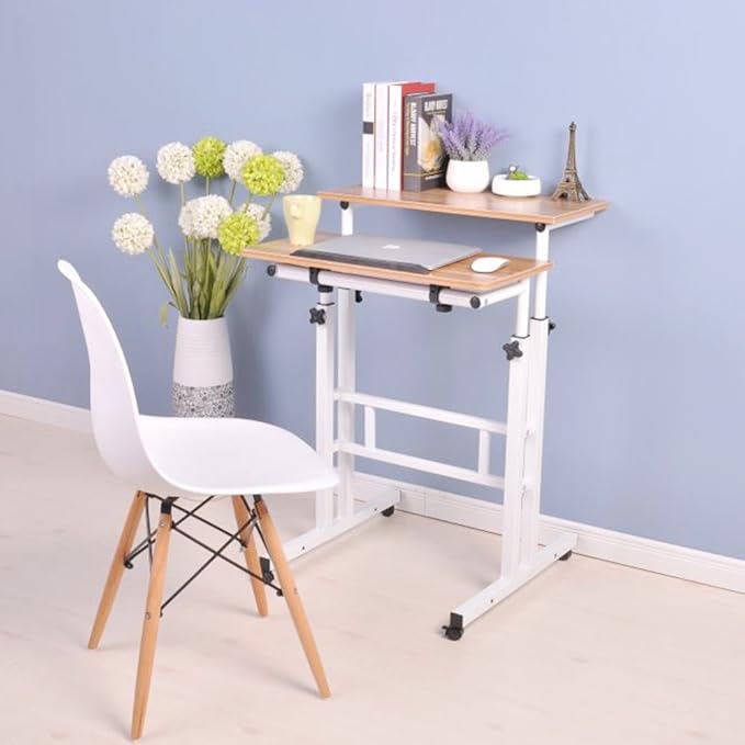 soges Mobile Standing DeskAdjustable Height, Roling Sit-Stand Desk, Small Standing Computer Desk Workstation on Wheels, Sit Stand Up Desk for Home Office, Oak - LeafyLoom