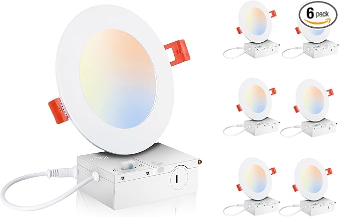 CLOUDY BAY 6 Pack 4 Inch 5CCT Ultra-Thin LED Recessed Ceiling Light with Junction Box,2700K/3000K/3500K/4000K/5000K Selectable,10W Dimmable Canless Wafer Downlight,White,650LM High Brightness CLOUDYBAY