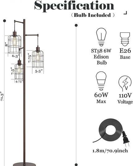 Upgraded Stepless Dimmable Tree Floor Lamp, 3 LED Edison Bulbs Included, ELYONA Farmhouse 71” Tall Pole Reading Standing Light with Industrial Cage Metal Shade for Bedroom, Living Room, Office, Bronze - LeafyLoom