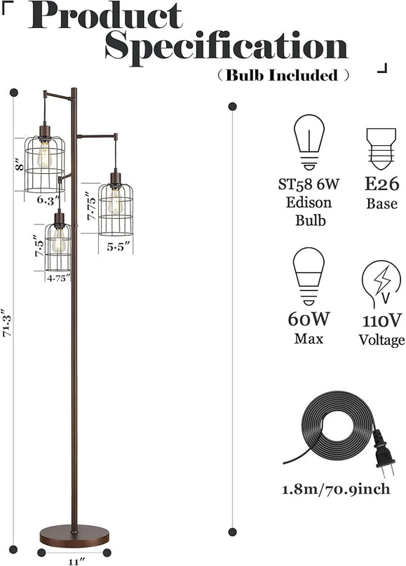 Upgraded Stepless Dimmable Tree Floor Lamp, 3 LED Edison Bulbs Included, ELYONA Farmhouse 71” Tall Pole Reading Standing Light with Industrial Cage Metal Shade for Bedroom, Living Room, Office, Bronze - LeafyLoom