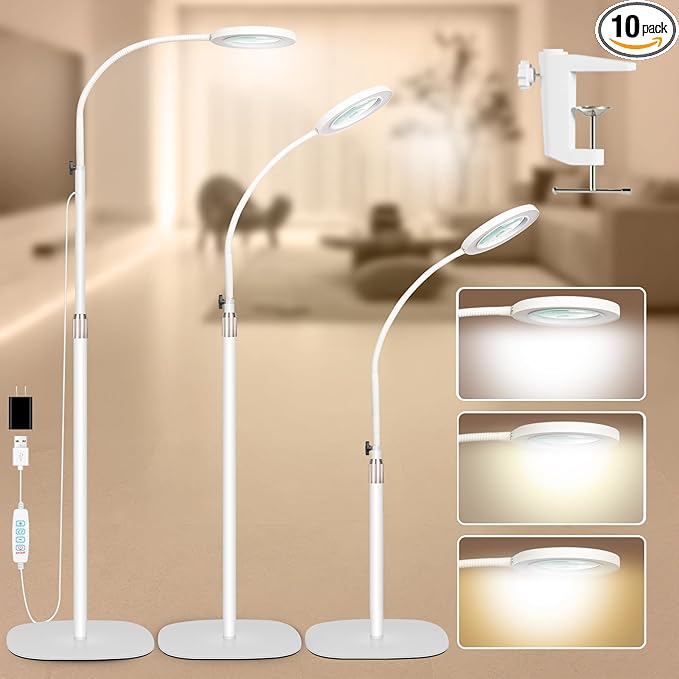 HITTI 10X&15X Floor Magnifying Glass with Light, Flexible Gooseneck Magnifying Floor Lamp, 3 Color Modes Stepless Dimmable Hands Free LED Lighted Magnifier Stand for Close Work Jewellery Esthetican - LeafyLoom