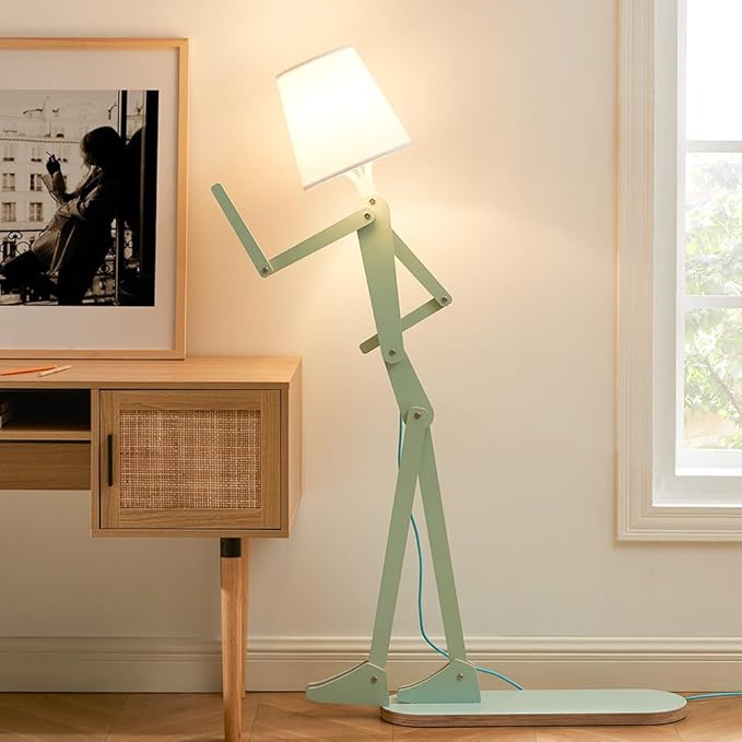 Unique Mini Wood Floor Lamp for Living Room Bedroom Office Farmhouse - Cute Corner Decorative Reading Standing Light Creative Swing Arm Arc Design Gift for Kids Room (Green Mini) - LeafyLoom