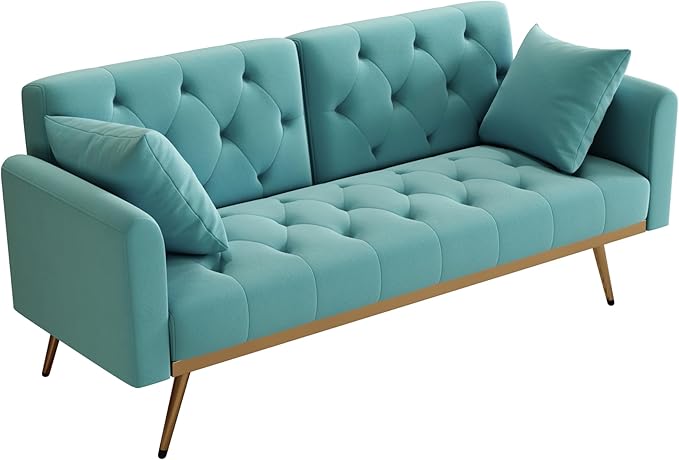 Velvet Upholstered Modern Convertible Futon Couch Bed, Adjustable Folding Sofa Bed Recliner Lounge Loveseat Daybed Sofacama with Adjustable Backrest and Golden Legs for Small RV Living Room Office - LeafyLoom