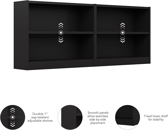 Bush Furniture Universal Small 2 Shelf Bookcase in Black - Set of 2, Matching Storage and Display Bookshelves for Home Office or Living Room Organization - LeafyLoom