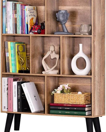 LEYAOYAO 7 Cube Bookshelf 3 Tier Modern Bookcase with Legs,Wood Book Shelves Storage Organizer Shelf,Free Standing Bookcases,Oak Display Bookshelves - LeafyLoom