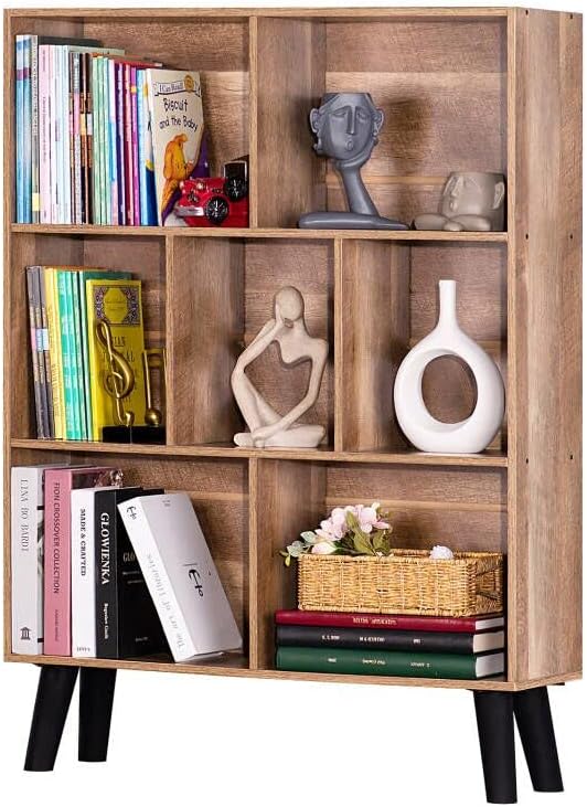 LEYAOYAO 7 Cube Bookshelf 3 Tier Modern Bookcase with Legs,Wood Book Shelves Storage Organizer Shelf,Free Standing Bookcases,Oak Display Bookshelves - LeafyLoom