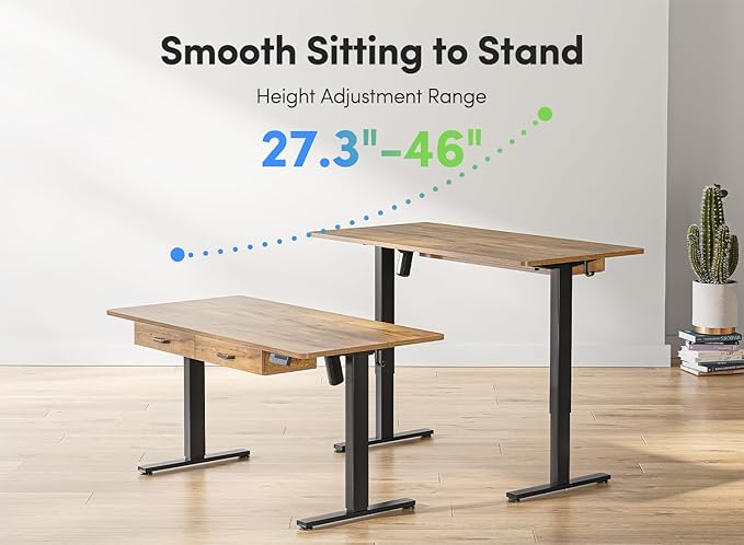 FEZIBO Adjustable Height Electric Standing Desk with Double Drawer, 55x 24 Inches Stand Up Home Office Desk with Splice Tabletop, Black Frame/Fir Brown Top - LeafyLoom