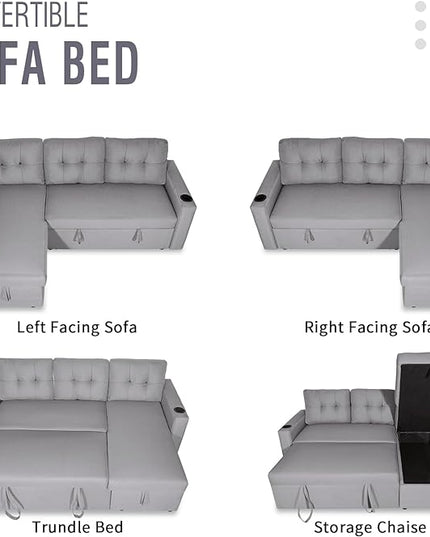 IULULU L Shaped Sectional Sofa, 82 Inch Convertible Sleeper with Pullout Bed, Storage Chaise, Cupholders, 2 in 1 Pull Out Couch for Living Room, Apartment, Silver Grey - LeafyLoom