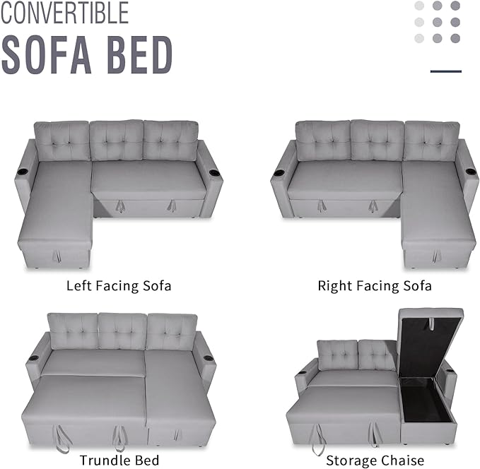 IULULU L Shaped Sectional Sofa, 82 Inch Convertible Sleeper with Pullout Bed, Storage Chaise, Cupholders, 2 in 1 Pull Out Couch for Living Room, Apartment, Silver Grey - LeafyLoom