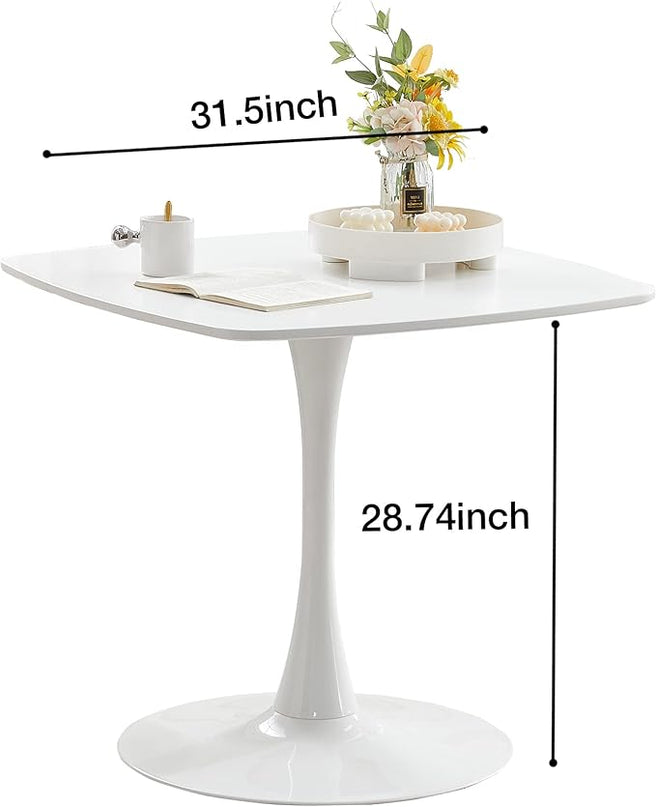 31.5 in White Square Pedestal Tulip Dining Table, Small Space Mid Century Modern Kitchen Table - LeafyLoom