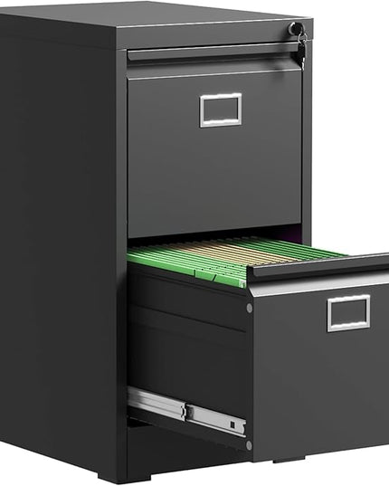 2 Drawer File Cabinet,Metal Vertical File Cabinets with Lock for Home Office,Heavy Duty Office Steel Filing Cabinet for Hanging Letters/Legal/A4, Assembly Required (Black) - LeafyLoom