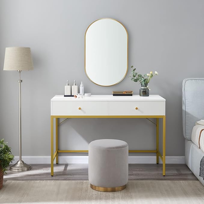 SUPERJARE Vanity Desk with Drawers, 47 inch Computer Desk, Modern Simple Home Office Desks, Makeup Dressing Table for Bedroom - White and Gold - LeafyLoom