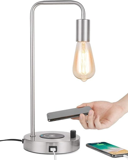 USB Desk Lamp – Table Lamp with Wireless Charging Pad and USB Port, Edison Bedside Nightstand Lamp with Metal Base for Guestroom Bedroom Living Room Office, Satin Nickel - LeafyLoom