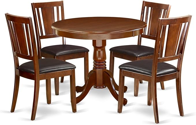 East West Furniture ANDU5-MAH-LC Antique 5 Piece Set Includes a Round Kitchen Table with Pedestal and 4 Faux Leather Dining Room Chairs, 36x36 Inch, Mahogany - LeafyLoom