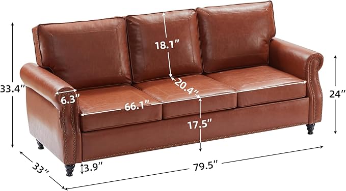 Dreamsir 79'' Traditional Faux Leather Sofa, 3 Seater Couch with Nailhead Trim and Rolled Arms, Classic Couches for Living Room, Bedroom, Apartment, Easy Assembly（Reddish Brown） - LeafyLoom