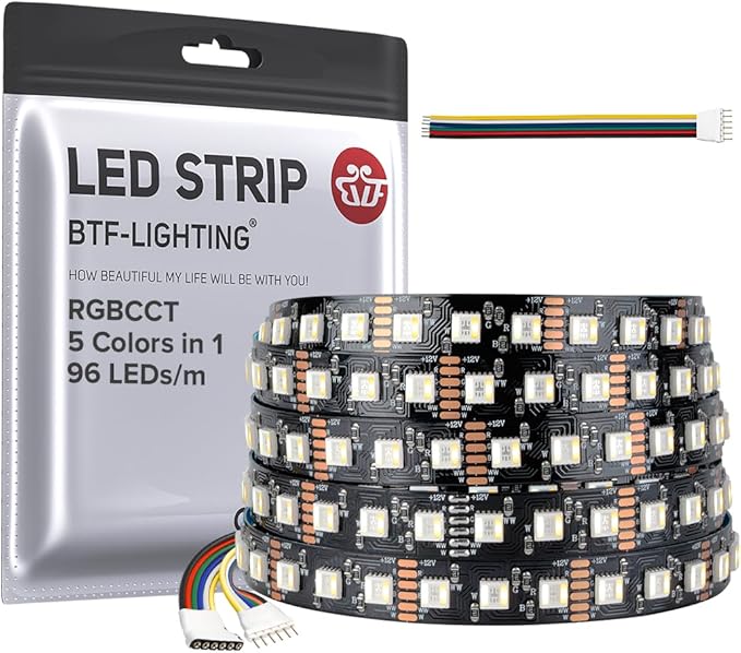 BTF-LIGHTING RGBCCT 5 Colors in 1 LED Tape Lights 5050SMD RGBWW RGB+Dimmable Color Temperature 2700K-6500K 16.4ft 96LED/m 480LED IP30 DC12V Black PCB for Home Decoration(No Adapter or Controller) BTF-LIGHTING