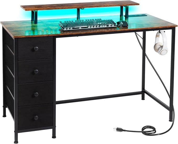 Computer Desk with LED Light & Power Outlets, 47 Inch Gaming Desk with 4 Fabric Drawers, Office Desk with Monitor Stand, Work Writing Desk with Hooks for Home Office, Bedroom, Brown, HGD12BR - LeafyLoom