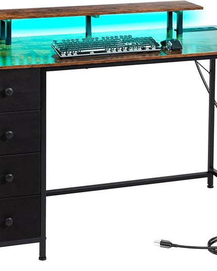 Computer Desk with LED Light & Power Outlets, 55 Inch Gaming Desk with 4 Fabric Drawers, Office Desk with Monitor Stand, Work Writing Desk with Hooks for Home Office, Bedroom, Brown, HGD14BR - LeafyLoom