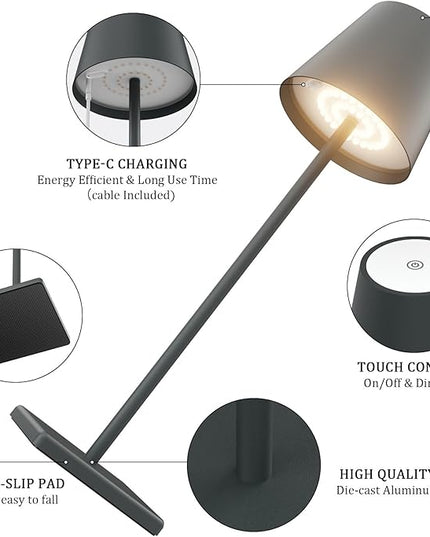 2 Packs LED CordlessTable Lamp, Rechargeable Battery Desk lamp 5500mAh Battery Operated Stepless Dimming Modern Portable Table Light for Restaurant/Table/Bedroom/Outdoor IP54 Waterproof (Anthracite) - LeafyLoom