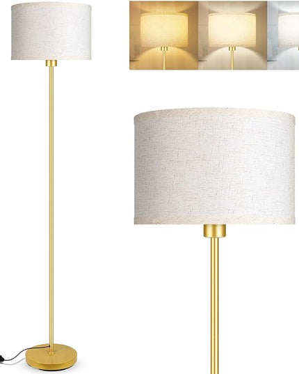 Gold Floor Lamps for Living Room, Bright Standing Lamp with 3 Color Temperatures(9W Bulb), Beige Linen Lampshade, Foot Switch, Simple Reading Floor Lamps Tall Lamps for Bedroom/Office/Den/Classroom - LeafyLoom