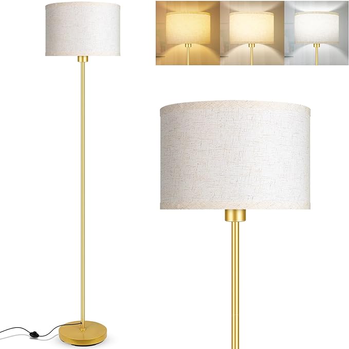 Gold Floor Lamps for Living Room, Bright Standing Lamp with 3 Color Temperatures(9W Bulb), Beige Linen Lampshade, Foot Switch, Simple Reading Floor Lamps Tall Lamps for Bedroom/Office/Den/Classroom - LeafyLoom