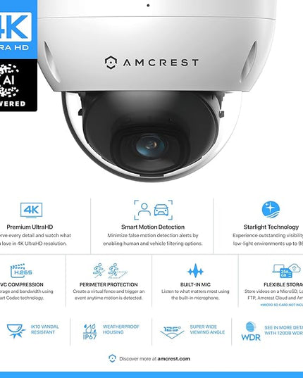 Amcrest UltraHD 4K (8MP) Outdoor Security POE IP Camera, 3840x2160, 98ft NightVision, 2.8mm Lens, IP67 Weatherproof, IK10 Vandal Resistant Dome, MicroSD Recording, White (IP8M-2493EW) Amcrest