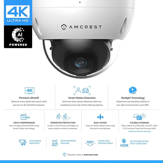 Amcrest UltraHD 4K (8MP) Outdoor Security POE IP Camera, 3840x2160, 98ft NightVision, 2.8mm Lens, IP67 Weatherproof, IK10 Vandal Resistant Dome, MicroSD Recording, White (IP8M-2493EW) Amcrest