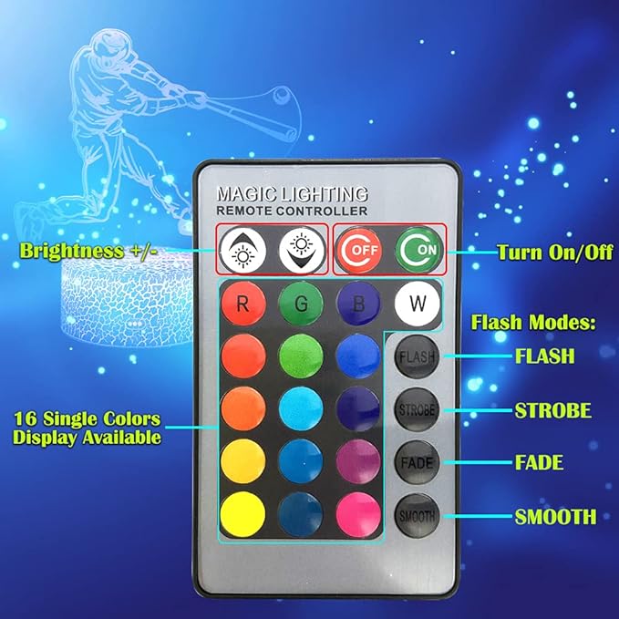 Baseball Player Night Light,3D Illusion Lamp Baseball Player Lights for Kids Room,16 Colors & Flashing Modes with Remote Control Opreated Dimmable Christmas Birthday Gifts for Boys Girls Kids Children - LeafyLoom