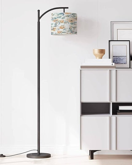Modern Arc Floor Lamp with Dimmer Mid Century Seamless spring flowers leaves modern pastel summer winter rose floral Metal Standing Lamp with Linen Shade Footswitch for Living Room Bedroom Office - LeafyLoom