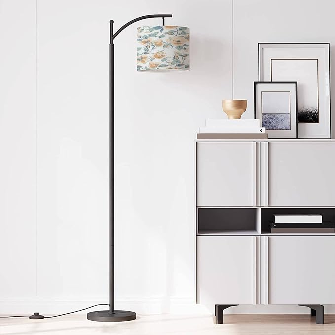 Modern Arc Floor Lamp with Dimmer Mid Century Seamless spring flowers leaves modern pastel summer winter rose floral Metal Standing Lamp with Linen Shade Footswitch for Living Room Bedroom Office - LeafyLoom