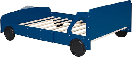Full Size Car-Shaped Platform Bed with Wheels,Wood Bedframe W/Rails on Both Sides & Slat Support,No Box Spring Needed,Fun Play for Boys Kids Toddlers Child's Bedroom,Blue - LeafyLoom