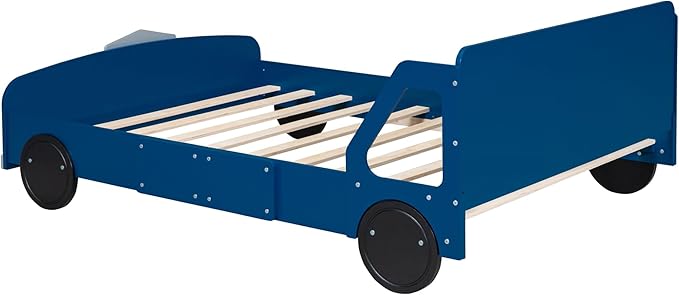 Full Size Car-Shaped Platform Bed with Wheels,Wood Bedframe W/Rails on Both Sides & Slat Support,No Box Spring Needed,Fun Play for Boys Kids Toddlers Child's Bedroom,Blue - LeafyLoom