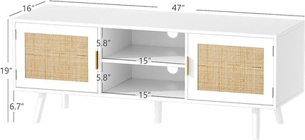 Anmytek Farmhouse Rattan TV Stand for 55 Inches TV Mid Century Modern Entertainment Center with Storage Cabinet Wood Small Media Console for Living Room White H0055 - LeafyLoom