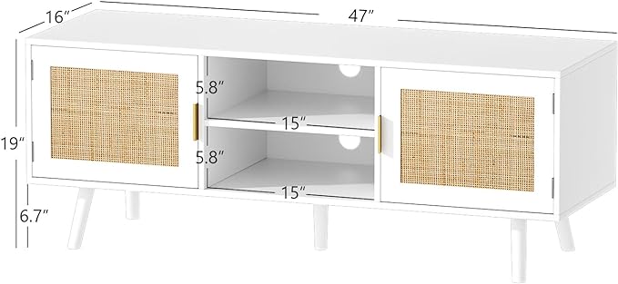 Anmytek Farmhouse Rattan TV Stand for 55 Inches TV Mid Century Modern Entertainment Center with Storage Cabinet Wood Small Media Console for Living Room White H0055 - LeafyLoom