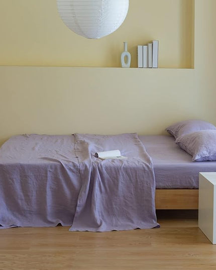 Simple&Opulence 100% Linen Sheet Set Solid Color-4 Pcs Washed French Linen Bed Sheets(1 Flat Sheet,1 Fitted Sheet,2 Pillowcases)-Breathable Bedding Set(California King, Lilac) - LeafyLoom