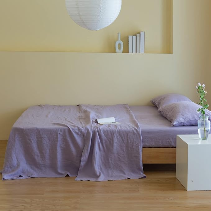 Simple&Opulence 100% Linen Sheet Set Solid Color-4 Pcs Washed French Linen Bed Sheets(1 Flat Sheet,1 Fitted Sheet,2 Pillowcases)-Breathable Bedding Set(California King, Lilac) - LeafyLoom