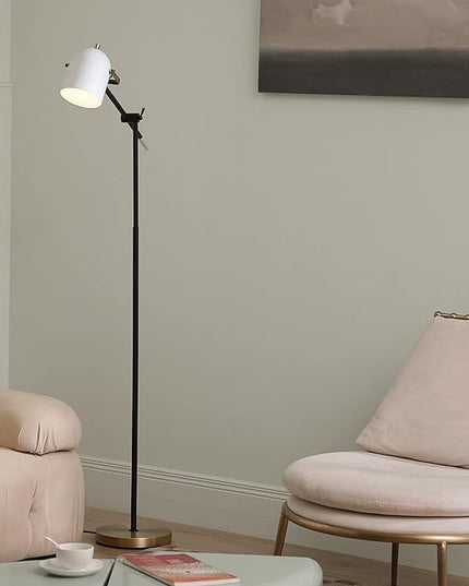 Globe Electric 65910 65" Floor Lamp, Matte Black, Brass Accents, White Shade, On/Off Rotary Switch on Head - LeafyLoom