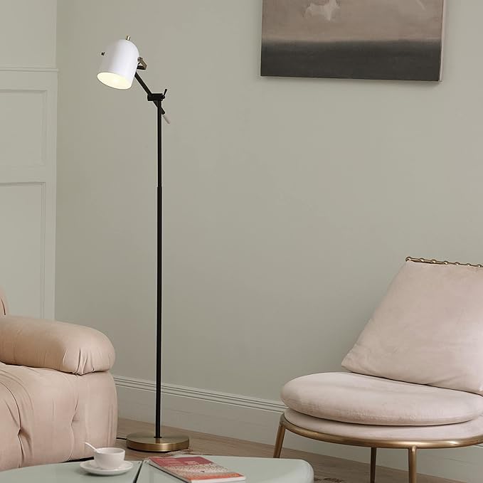 Globe Electric 65910 65" Floor Lamp, Matte Black, Brass Accents, White Shade, On/Off Rotary Switch on Head - LeafyLoom