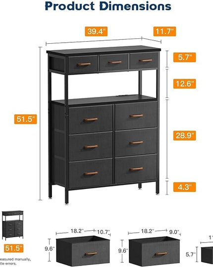 AODK Dresser with Charging Station, 52 Inches Tall Dresser for Bedroom with 9 Storage Drawers, Large Fabric Dressers for Living Room, Hallway, Dark Grey - LeafyLoom