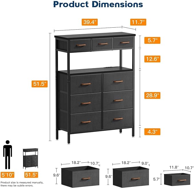 AODK Dresser with Charging Station, 52 Inches Tall Dresser for Bedroom with 9 Storage Drawers, Large Fabric Dressers for Living Room, Hallway, Dark Grey - LeafyLoom