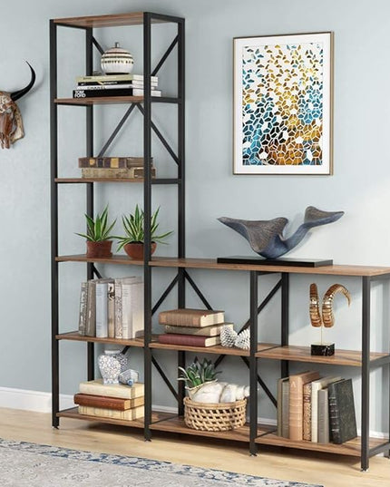 Tribesigns 9 Shelves Bookshelves, Industrial Ladder Corner Etagere Bookcase, Rustic 6-Tier Display Open Shelf Storage Organizer for Living Room - LeafyLoom