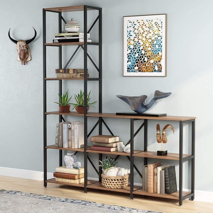 Tribesigns 9 Shelves Bookshelves, Industrial Ladder Corner Etagere Bookcase, Rustic 6-Tier Display Open Shelf Storage Organizer for Living Room - LeafyLoom