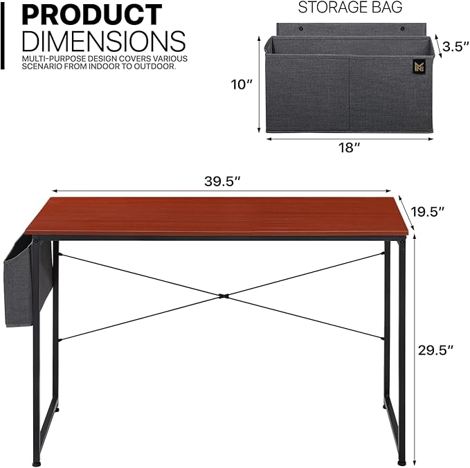 MoNiBloom Home Office Computer Desk with Storage Bag, 40" Writing Study Modern Simple Style Laptop Table, Teak Color - LeafyLoom