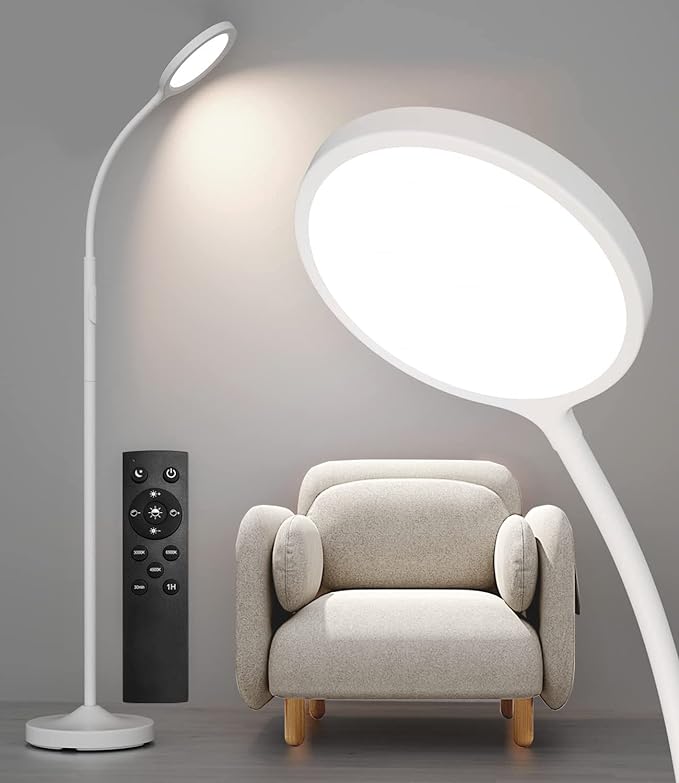 White Floor Lamp,Super Bright Dimmable Led Floor Lamps for Living Room, Custom Color Temperature Standing Lamp with Remote Push Button, Adjustable Gooseneck Reading Floor Lamp (LK-1006) - LeafyLoom